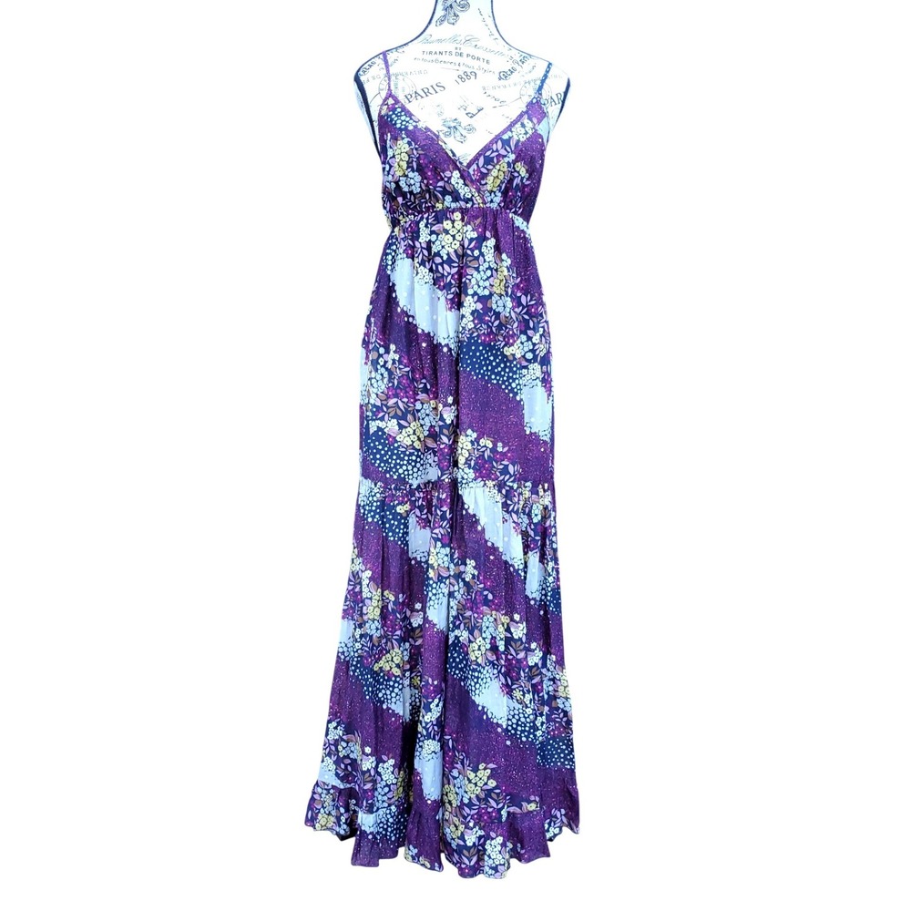 Anthropologie Maeve Santa Ana Purple Floral Silk Blend Tiered Maxi Dress Size 2